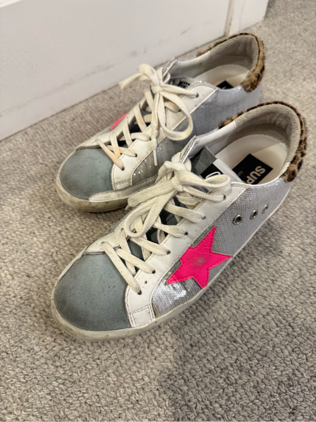Golden Goose White Sneakers With Pink Star & Gray Toe